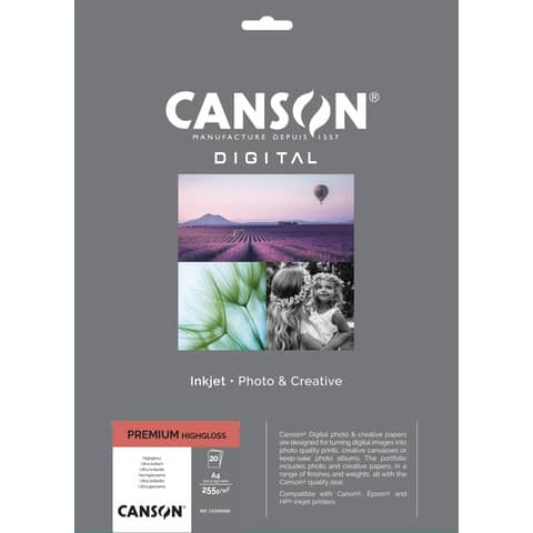 Carta fotografica Premium bianca 20 fogli - 255 g/m²  HighGloss RC Canson A4 C33300S005